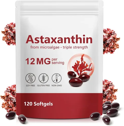 Astaxantina 12 mg, Astaxantina 120 cápsulas blandas premium, extraídas naturalmente de Haematococcus pluvialis | Suministro de 4 meses