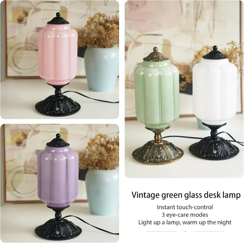 Miniatura 9 de Lámpara de mesa vintage de vidrio de leche con control táctil, elegante lámpara de noche de vidrio blanco regulable de 3 vías con puertos de carga