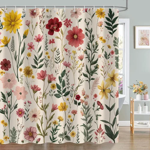 Cortina de ducha con diseño floral bohemio, flores silvestres, flores beige, juego de cortinas de ducha para decoración de baño, tela impermeable,