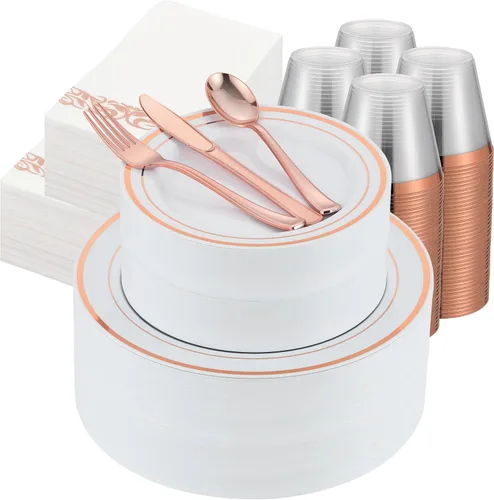 Miniatura 12 de Juego de vajilla de oro de 175 piezas para 25 invitados, platos desechables de plástico blanco con borde dorado resistentes para fiesta y boda