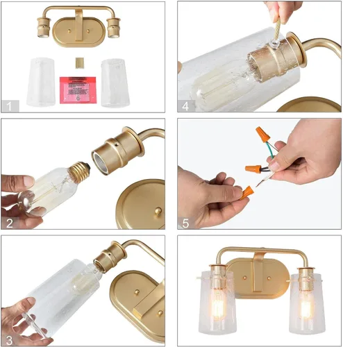 Miniatura 8 de KSANA Lámparas de baño, 2 luces doradas para tocador sobre espejo con pantalla de vidrio sembrado, accesorios de luz de baño dorados, bombilla E26