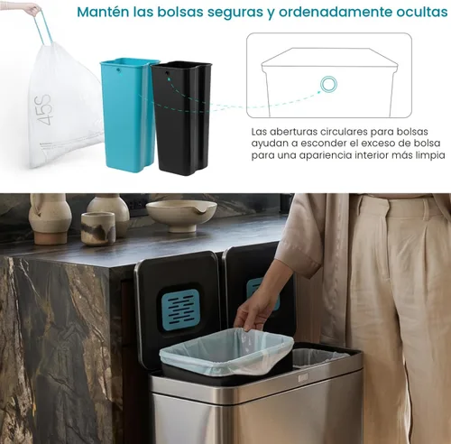Miniatura 7 de Home Zone Living cubeta de basura de cocina de 16 galones con compartimentos duales para reciclaje, control de olor CleanAura, acero inoxidable