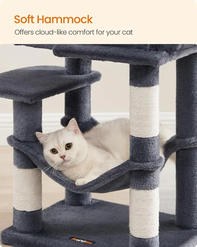 Miniatura 6 de Feandrea - Árbol para gatos de varios niveles para interiores, torre para gatos tipo condominio con 4 postes para rascar, 2 posaderos, hamaca y Gris