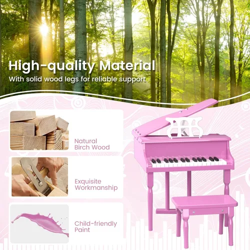 Miniatura 4 de Costzon Piano clásico para niños, piano de cola de madera de 30 teclas con soporte de música y banco, mini juguete musical para niños, ideal