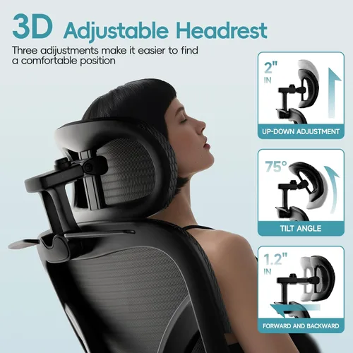 Miniatura 6 de Alllion Silla de oficina ergonómica de malla, silla de escritorio para el hogar cómoda con respaldo alto, soporte lumbar ajustable, reposacabezas