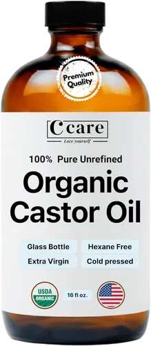 Aceite de ricino 100% puro orgánico prensado en frío sin refinar botella de vidrio | Certificado USDA orgánico | Sin hexano extra virgen | para el