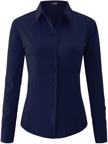 Miniatura 11 de Jonivey - Camisa de vestir de manga larga elástica con botones para mujer, suave, sin arrugas, para trabajo, casual, negocios, oficina