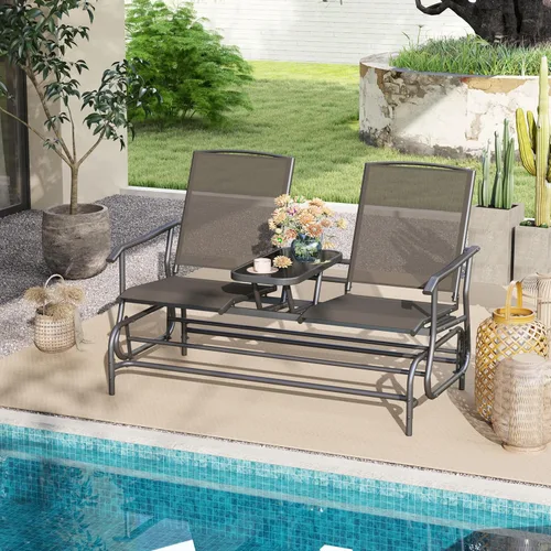 Miniatura 2 de Tangkula Silla mecedora para 2 personas, sofá biplaza mecedora para patio con mesa central de vidrio templado, banco de columpio para exteriores