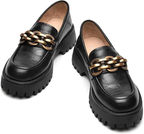 Beautoday - Mocasines de plataforma para mujer, mocasines gruesos para mujer, suela de talón grueso, mocasines con punta redonda, zapatos de trabajo