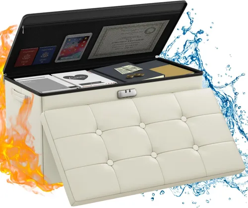 ENGPOW Banco Otomán de Almacenamiento, Banco Plegable Ignífugo con Cerradura, 30 Pulgadas Cofre de Almacenamiento Resistente al Fuego y Agua