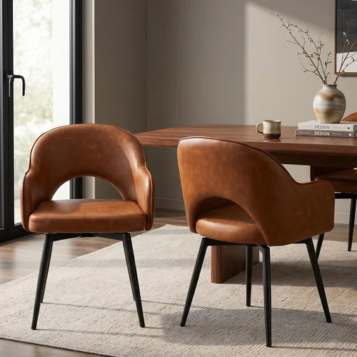 HEAH-YO Juego de 2 sillas decorativas giratorias modernas, sillas de comedor de piel sintética con reposabrazos y patas de metal negro, sillas de