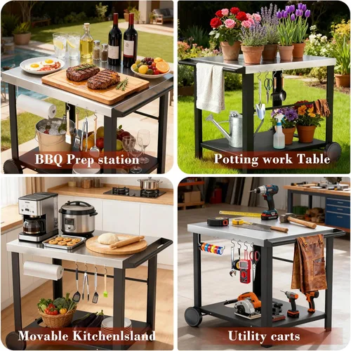 Miniatura 7 de Carrito de parrilla de superficie plana móvil de acero inoxidable de 34" x 24" para parrillas Ninja Woodfire y Blackstone Griddles, mesa de horno