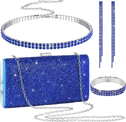 Miniatura 14 de Kigeli 4 Pieces Women Rhinestone Evening Clutch Bag Bling Earring Necklace Bracelet for Wedding Graduation Prom