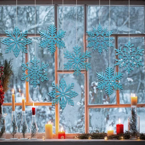 Miniatura 7 de Sratte 24 adornos de copo de nieve grandes de 16 pulgadas, copos de nieve colgantes decorativos con purpurina gigante, 6 diseños de adornos