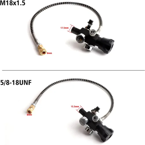 Miniatura 2 de Adaptador de buceo con válvula DIN M18x1.5 con manómetro, válvula de tanque de buceo Pcp 4500psi presión de trabajo con manguera negra de 22
