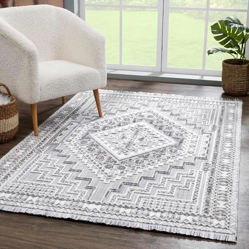 Hauteloom Ethereal - Alfombra de pasillo con borde geométrico de medallón de diamante, estilo bohemio de transición, tribal azteca del suroeste,