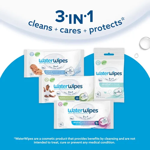 Miniatura 7 de WaterWipes Sensitive+ On The Go Wipes, 3 en 1 limpia, cuida, protege, 99.9% de agua, toallitas húmedas hipoalergénicas y sin perfume, 28