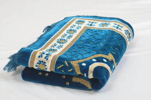 Miniatura 8 de TB - Alfombra de oración musulmana islámica, tapete de terciopelo suave, regalo de Ramadán, con cuentas de oración, decoración única, dorada, Azul