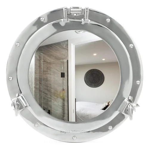 Miniatura 4 de Nagina International Espejo náutico niquelado prémium para ojo de buey de barco de 12 pulgadas Espejo plano de decoración de pared marítima