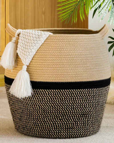 Miniatura 12 de KAKAMAY Cestas tejidas para almacenamiento (17 x 17 pulgadas), cesta grande de lavandería para bebé tejida con cuerda de algodón, cesta de Flecos