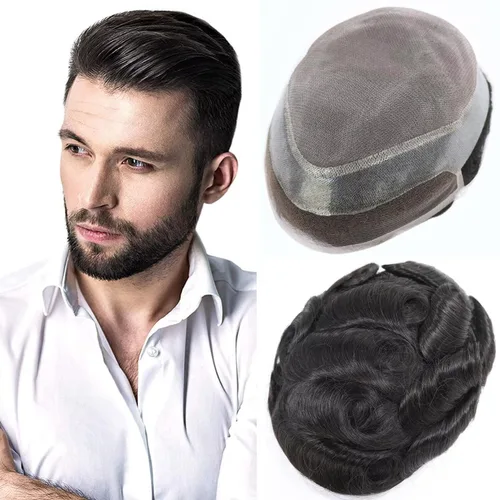 Miniatura 17 de HAPPY&CC Toupee - Piezas de cabello humano con encaje frontal suizo para hombre, parte superior fina mono con poliuretano alrededor de sistema de #1B
