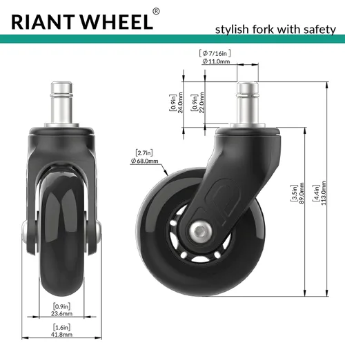 Miniatura 5 de Riantwheel - Ruedas de goma de repuesto para sillas de oficina, para suelos de madera dura y alfombras, juego de 5, ruedas para silla de oficina