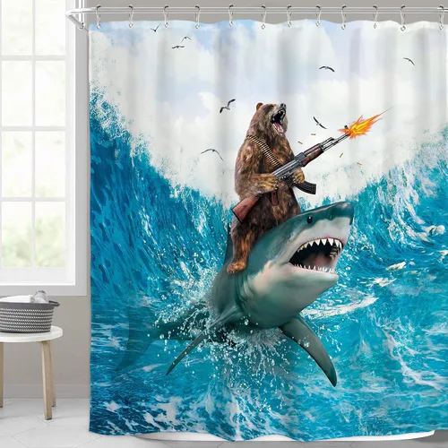 Miniatura 22 de Divertida cortina de ducha con diseño de gato de surf, tiburón, divertida, náutico, océano, océano, mar, ondas, animales, novedad, 72 pulgadas