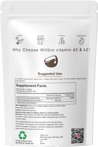 Miniatura 7 de 300 unidades 2 en 1 de vitamina D3 10000 iu Plus K2 (MK-7) 200 mcg, cápsulas blandas de aceite de coco con vitaminas D y K, apoya la salud ósea