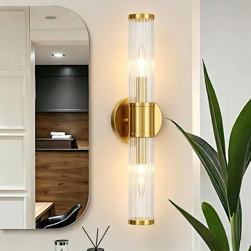 Lámparas de baño – Aplique de pared dorado para iluminación de pared moderna con pantalla de vidrio para espejo de baño, dormitorio, sala de estar,