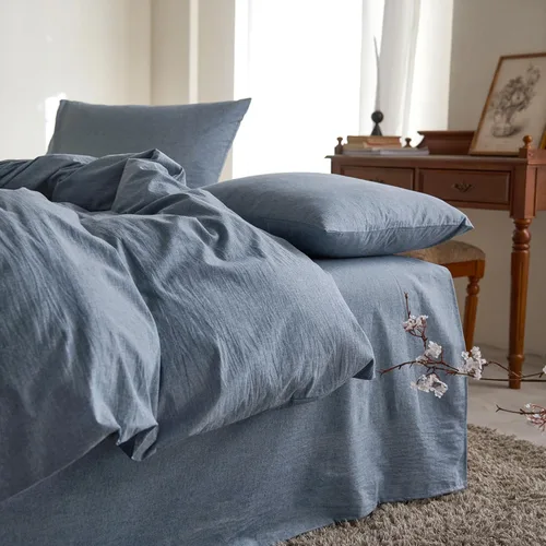 Wake In Cloud - Juego de funda de edredón de algodón, tamaño matrimonial, azul denim cambray, 100% algodón lavado, textura parecida al lino, percal