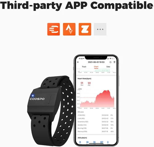 Miniatura 3 de COOSPO Monitor de frecuencia cardíaca con Bluetooth, sensor óptico ANT+ HR para deporte, doble banda recargable IP67 HRM, compatible con Peloton