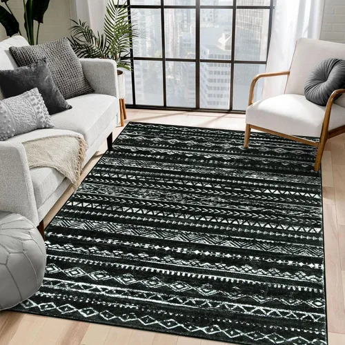 Lahome Alfombra negra para sala de estar, lavable a máquina, 5 x 7 pies, suave, color blanco y negro, antideslizante, resistente a las manchas,