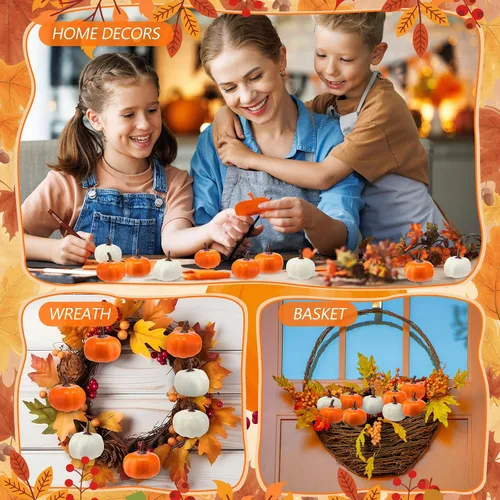 Miniatura 6 de Thyle 400 piezas de decoración de otoño a granel, 200 mini calabazas falsas y 200 piezas de hojas de otoño, juego de calabaza artificial