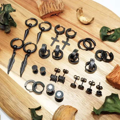 Miniatura 2 de KWUNCCI Aretes para hombre, 15 pares de aretes de aro de acero inoxidable quirúrgico, aretes negros para hombres y mujeres, juego de aretes de aro