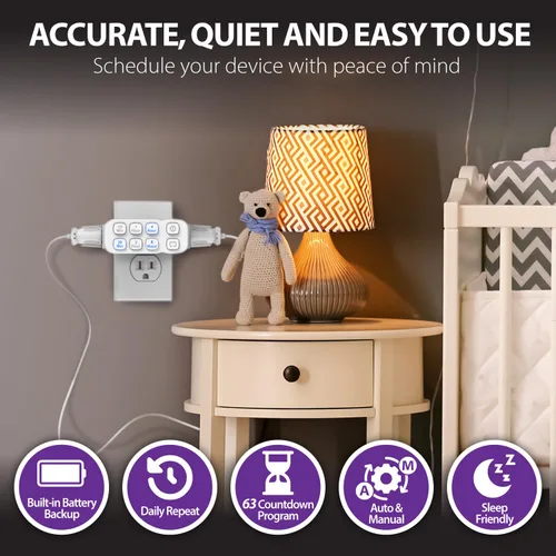 Miniatura 4 de Fosmon Temporizador de cuenta regresiva enchufable de doble salida, temporizador de luz interior para tomas de corriente, 15-30 minutos, ajustes