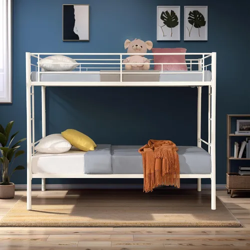 Miniatura 10 de HAUSHECK Literas individuales para 2 niños, litera individual sobre individual con dos escaleras laterales y barandillas de longitud completa