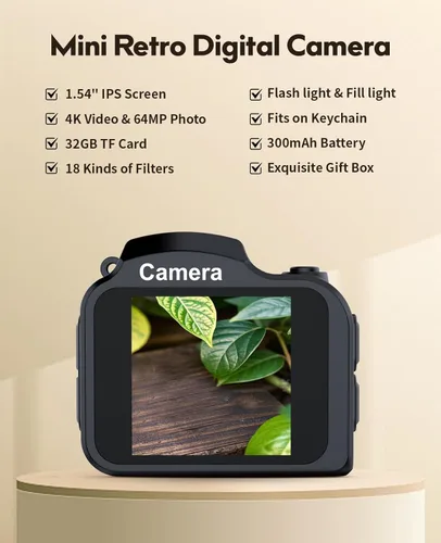 Miniatura 2 de FLATIC Mini cámara con llavero – Cámara digital pequeña 4K con tarjeta de 32 GB y elegante caja de regalo, divertido dispositivo de bolsillo