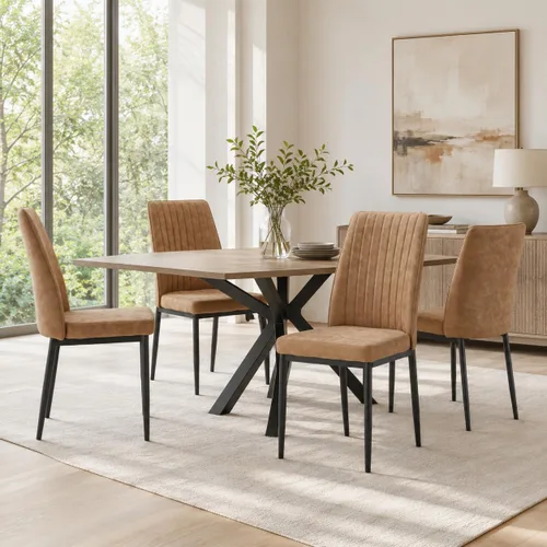 Juego de 4 sillas de comedor, tapizadas de tela de gamuza marrón con respaldo alto, costuras verticales de canal, asiento acolchado, patas de metal