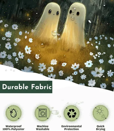 Miniatura 5 de Lindameler Cortina de ducha de Halloween de tela espeluznante, bonita cortina de baño de fantasma, decoración con 12 ganchos de 72 x 72 pulgadas