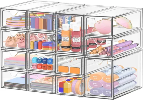 Organizador de escritorio con 14 cajones, 14 paquetes de acrílico apilable, organizador de maquillaje, caja de almacenamiento transparente para