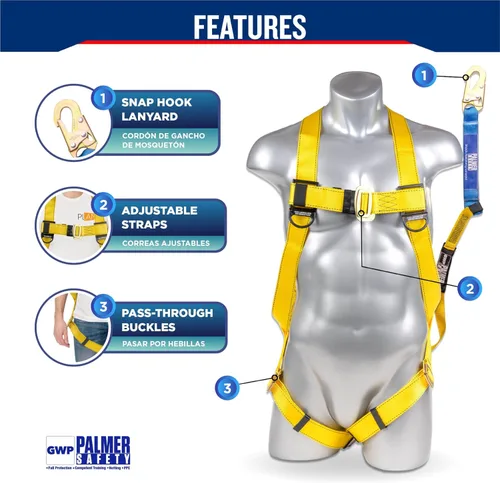 Miniatura 2 de Arnés de seguridad Palmer Safety con cordón desmontable de 6 pies Cordón de una sola pierna con absorción de impactos internos y gancho de cierre