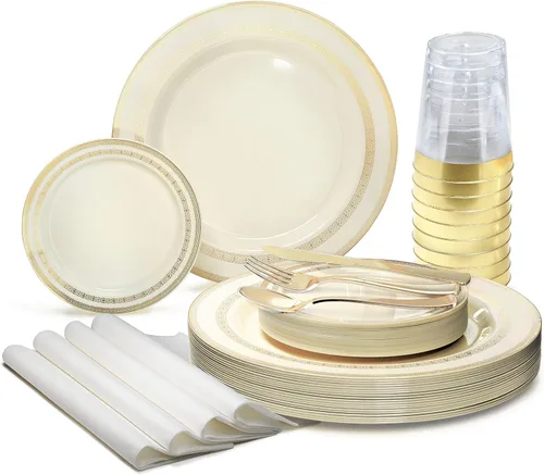 Miniatura 16 de Occasions" - Juego de 125 piezas (25 invitados) - Platos y cubiertos de plástico para boda, vajilla pesada desechable de 10.5 pulgadas, 6.25