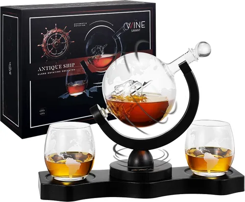 Juego de decantador de whisky con globo giratorio y 2 vasos para whisky grabados - Regalos para hombres, papá, aniversario, cumpleaños, inauguración