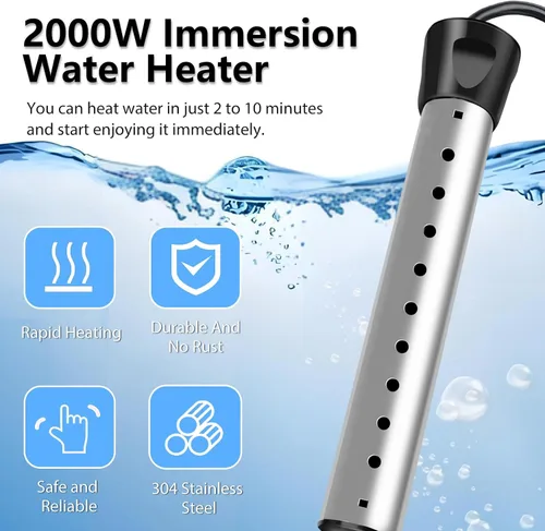Miniatura 2 de Calentador de agua de inmersión de 2000 W, calentador de agua eléctrico portátil con acero inoxidable 304, calentador de calentamiento rápido
