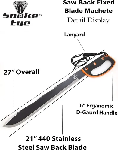Snake Eye Tactical Machete de hoja fija de espiga completa con funda para exteriores, caza, camping, pesca (13-28BKOR)