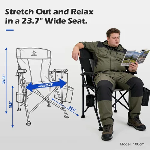 Miniatura 2 de Silla de campamento XL de alta calidad, capacidad de 400 libras, asiento de gran tamaño de 23.7 pulgadas de ancho, tela Oxford 600D resistente