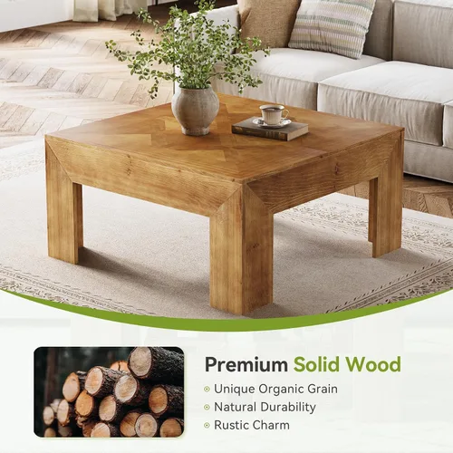 Miniatura 9 de LITTLE TREE Mesa de centro de madera maciza de 39.4 pulgadas, mesa de centro cuadrada con parte superior incrustada intrincada y patas resistentes