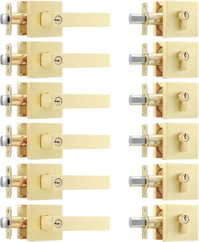 Miniatura 8 de Leydebong Paquete de 2 pomos de puerta de entrada con llave igual, pomo de puerta con cerradura y llave, manijas de puerta doradas para exterior e