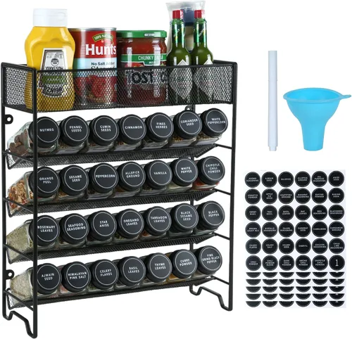 Skiileor Organizador de especias con 28 tarros de especias, tapas negras, etiquetas de especias, bolígrafo de tiza y embudo para armario, encimera,