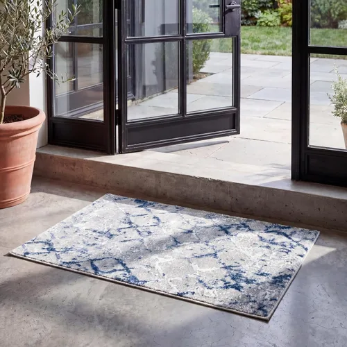 SAFAVIEH Amelia Collection - Alfombra decorativa de 2 pies 2 pulgadas x 4 pies, gris y azul marino, diseño moderno enrejado envejecido, no desprende